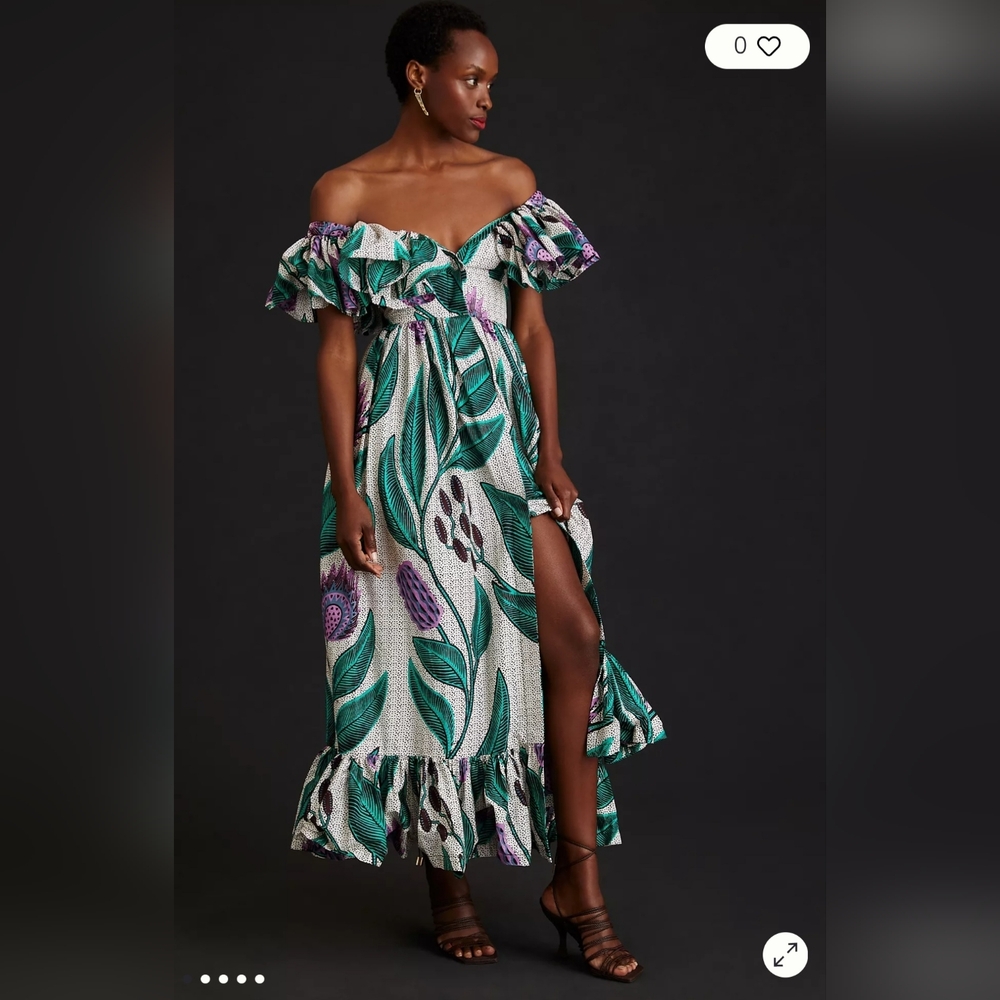 Sika Anthropologie Off-the-Shoulder Printed Maxi Dress Gree, Purple & White Sz 2 - Picture 2 of 16